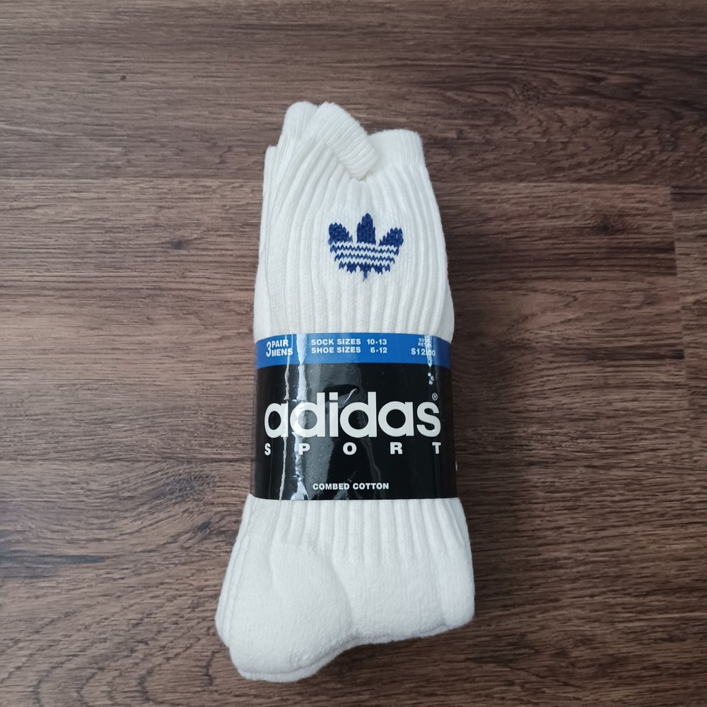 Vintage Adidas Sport 3 Pack Crew Socks White Blue Trefoil Made in USA Mens 6-12